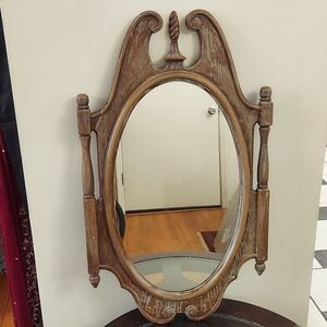 Syroco MCM 1960's Distressed Faux Wood Rustic Oval Wall Mirror 27.5”H x 16”W